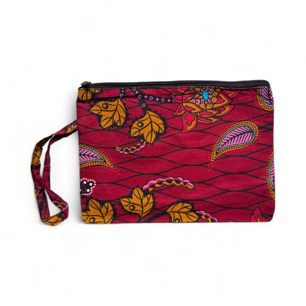 Pochettes / étuis à maquillage en imprimé africain / Trousse à crayons - Rouge foncé & Jaune Botanical Flow