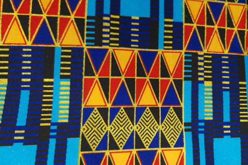 Tissu imprimé africain - Effets pailletés exclusifs - Poly - PO-5011 Or Bleu Kente