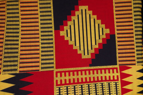 Tissu imprimé africain - Effets pailletés exclusifs - Poly - PO-5012 Or Rouge Kente