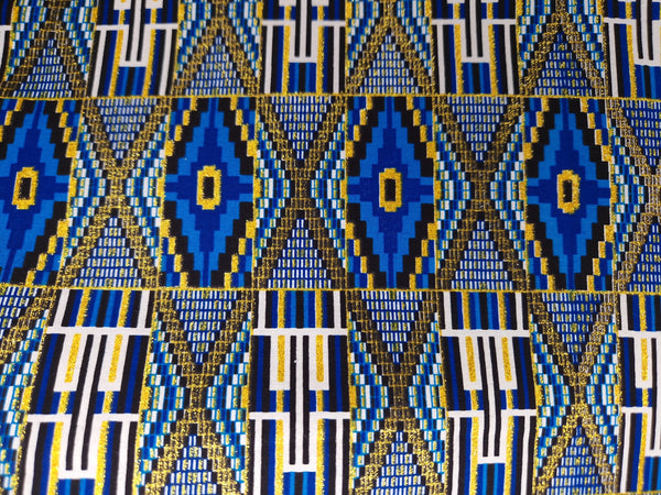 Tissu imprimé africain - Effets pailletés exclusifs 100% coton - PO-5020 Kente Or bleu