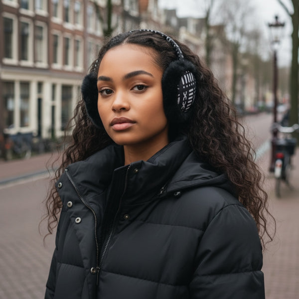 Cache-oreilles à Motifs Africains - Protège-oreilles d’Hiver Pliables - Noir Blanc Bogolan