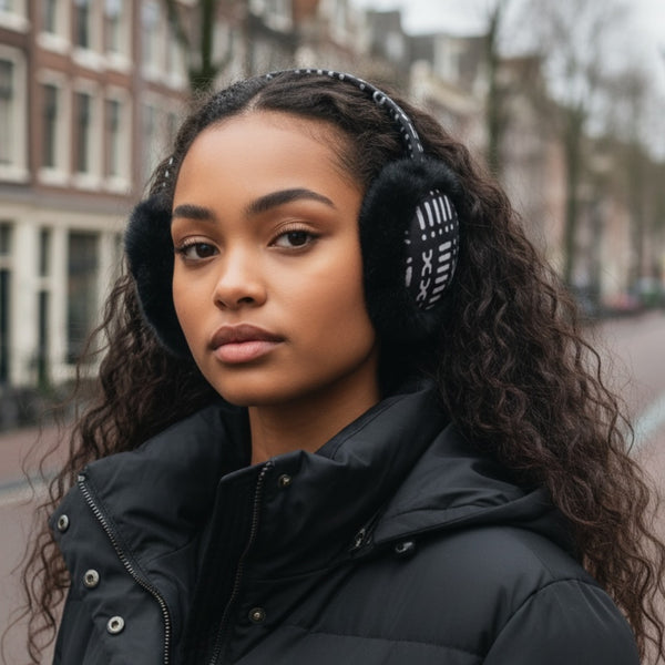 Cache-oreilles à Motifs Africains - Protège-oreilles d’Hiver Pliables - Noir Blanc Bogolan