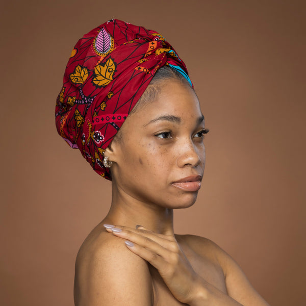 XL Turban facile - Bonnet en satin - Rouge Jaune Botanical Flow