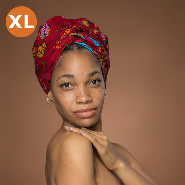 XL Easy headwrap - Satin lined hair bonnet - Red Yellow Botanical Flow