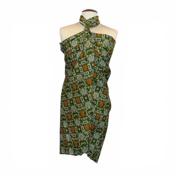 Paréo  / Sarong / Pagne - Jupe de plage en coton / écharpe de portage - Icônes Bogolan vert olive et orange