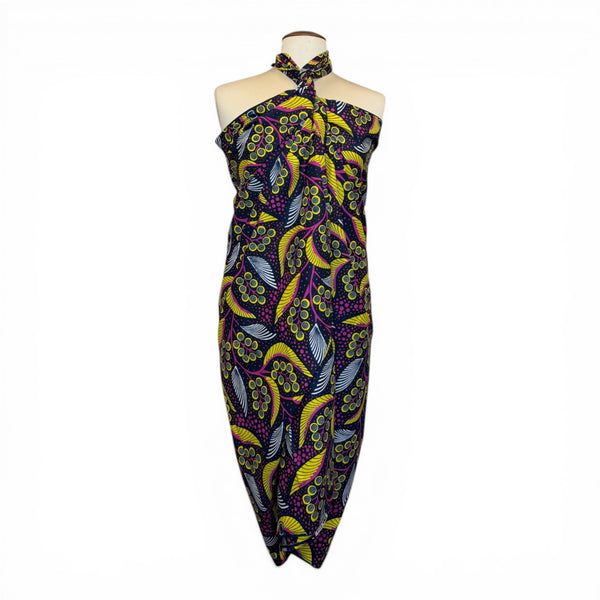 Paréo  / Sarong / Pagne - Jupe de plage en coton / écharpe de portage - Jaune / feuilles roses