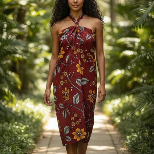 Paréo  / Sarong / Pagne - Jupe de plage en coton / écharpe de portage - Rouge Flower stems