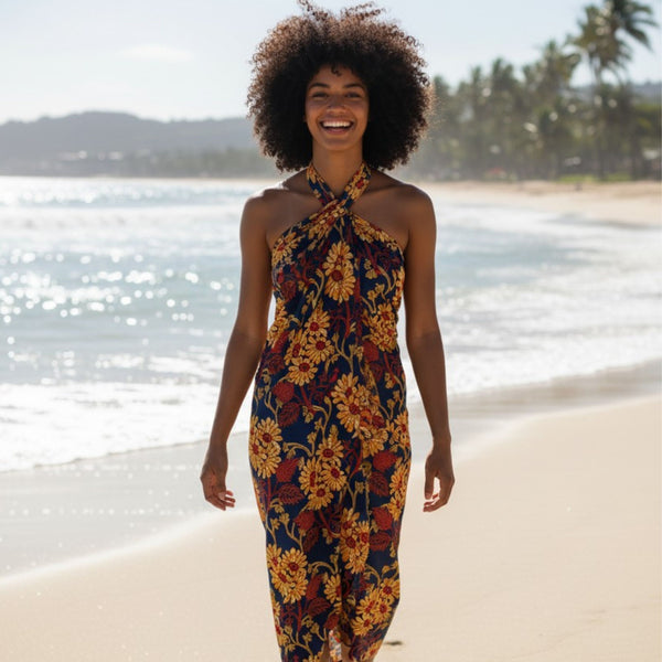 Paréo  / Sarong / Pagne - Jupe de plage en coton / écharpe de portage - Bleu et Jaune Floral Vines