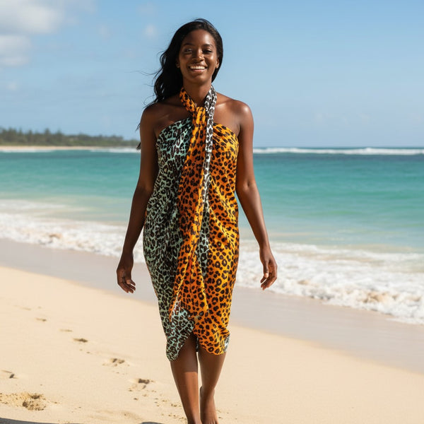 Paréo  / Sarong / Pagne - Jupe de plage en coton / écharpe de portage - Panter orange / turquoise