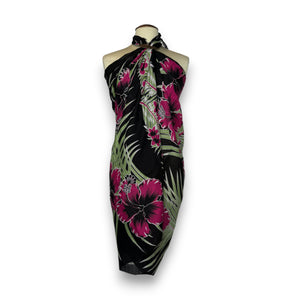 Paréo  / Sarong - Jupe enveloppante / tenue de plage - Noir / fleur rose