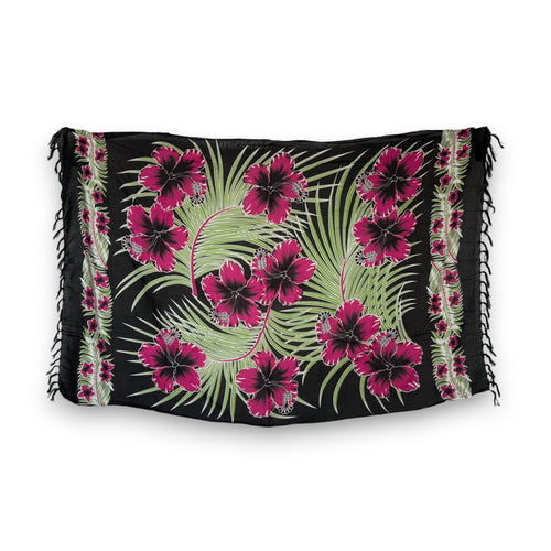 Paréo  / Sarong - Jupe enveloppante / tenue de plage - Noir / fleur rose