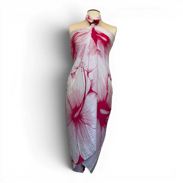 Paréo  / Sarong - Jupe enveloppante / tenue de plage - Rouge Blanc Hibiscus Breeze