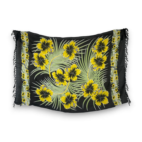 Paréo  / Sarong - Jupe enveloppante / tenue de plage - Noir / fleur jaune