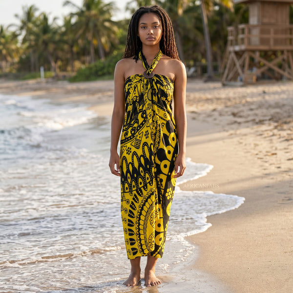 Paréo  / Sarong - Jupe enveloppante / tenue de plage - Mandala noir / jaune