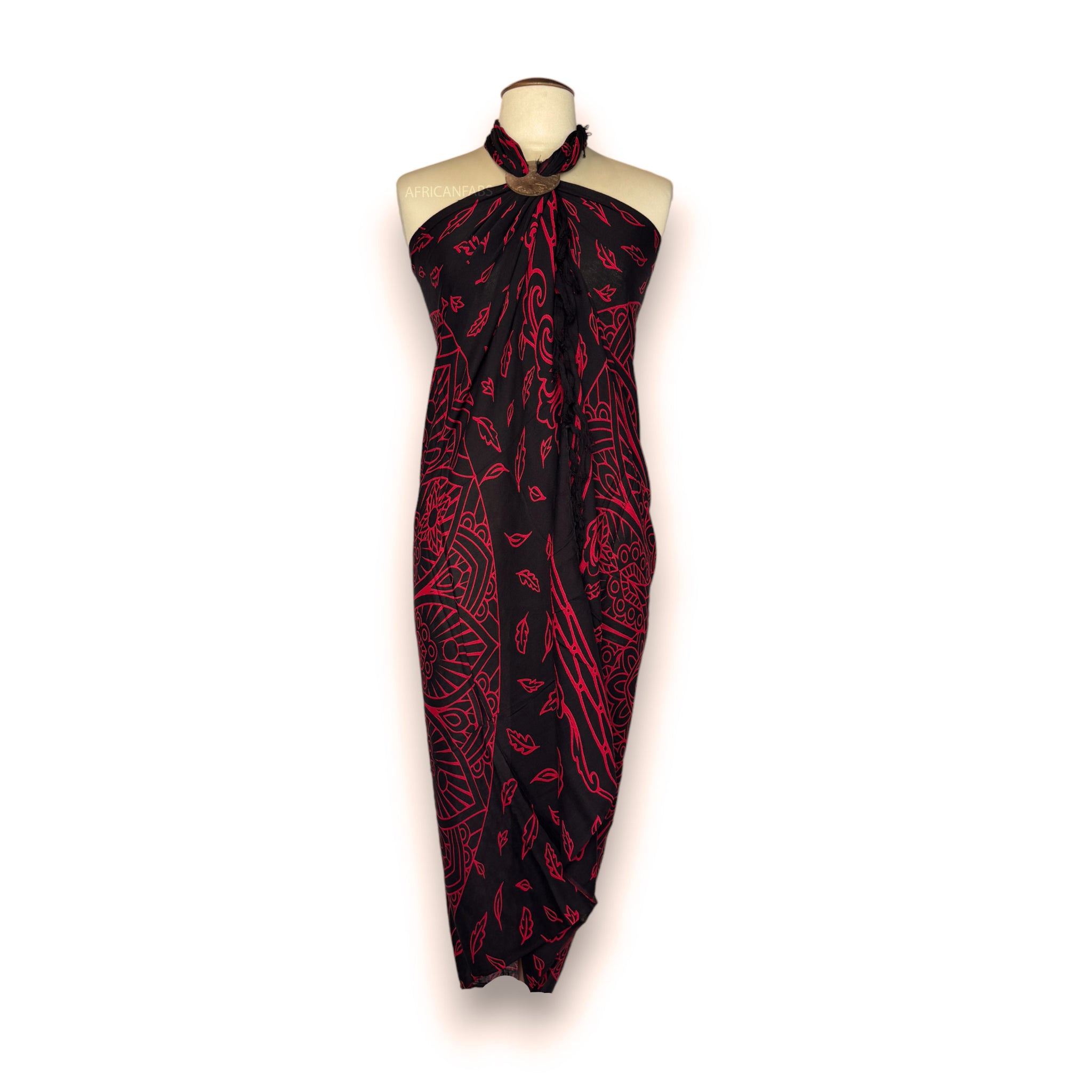 Paréo  / Sarong - Jupe enveloppante / tenue de plage - Mandala noir / rouge