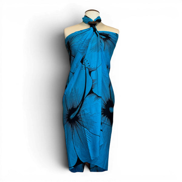 Paréo  / Sarong - Jupe enveloppante / tenue de plage - Bleu Noir Hibiscus Breeze