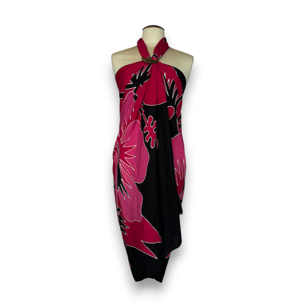 Peint à la main Paréo  / Sarong - Jupe enveloppante / tenue de plage - Noir / rouge hibiscus flower