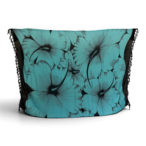 Paréo  / Sarong - Jupe enveloppante / tenue de plage - Turquoise Noir Hibiscus Breeze