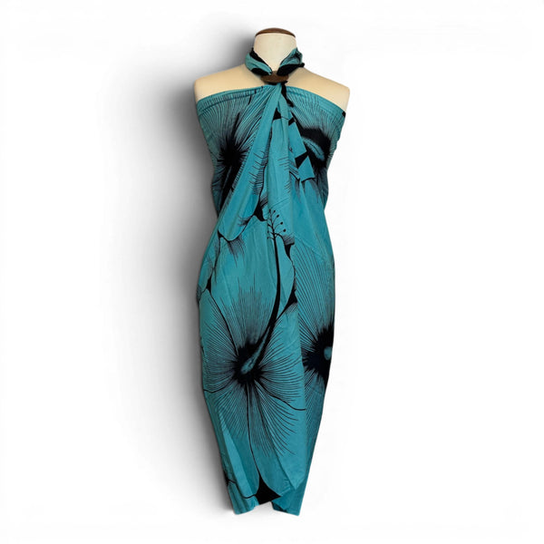 Paréo  / Sarong - Jupe enveloppante / tenue de plage - Turquoise Noir Hibiscus Breeze