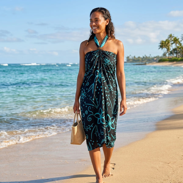 Sarong / pareo - Beachwear wrap skirt - Black Turquoise Island Floral Night