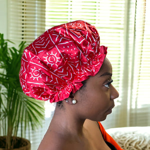 Grand Bonnet de douche extra large pour cheveux longs / boucles / afro - imprimé africain Rouge bogolan