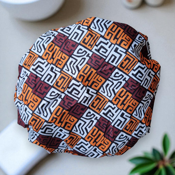 Grand Bonnet de douche extra large pour cheveux longs / boucles / afro - imprimé africain Marron et orange jaune Kuba Blocks Congo