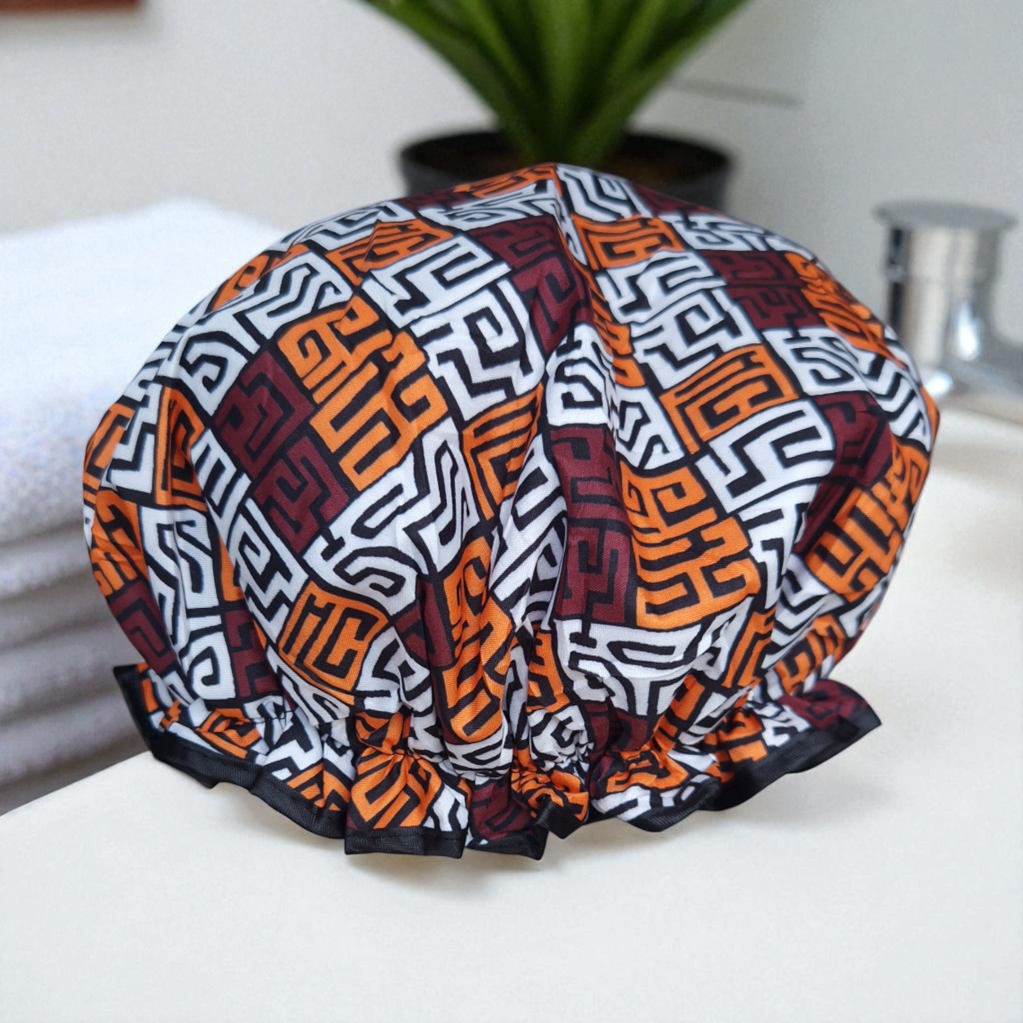 Grand Bonnet de douche extra large pour cheveux longs / boucles / afro - imprimé africain Marron et orange jaune Kuba Blocks Congo