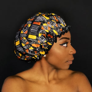 Grand Bonnet de douche extra large pour cheveux longs / boucles / afro - imprimé africain Marron / beige bogolan
