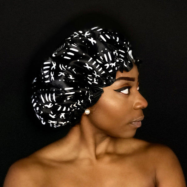 Grand Bonnet de douche extra large pour cheveux longs / boucles / afro - imprimé africain Noir bogolan