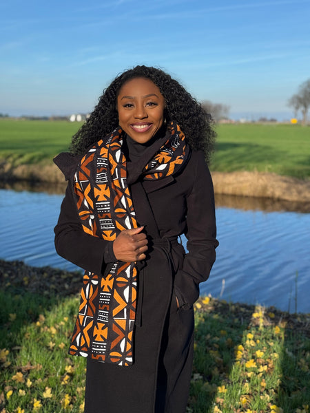 Écharpe d’hiver imprimée africaine Unisexe - Modèle étroit - Marron Cross Bogolan