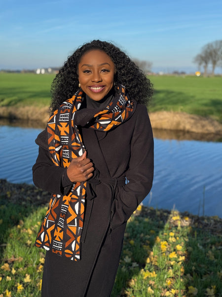 Écharpe d’hiver imprimée africaine Unisexe - Modèle étroit - Marron Cross Bogolan