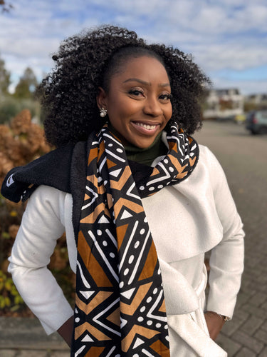 Écharpe d’hiver imprimée africaine Unisexe - Modèle étroit - Marron & Beige Bogolan