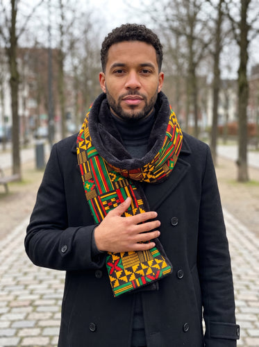 Écharpe d’hiver imprimée africaine Unisexe - Modèle étroit - Noir Vert Kente Print