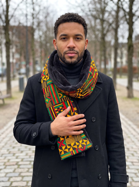 Écharpe d’hiver imprimée africaine Unisexe - Modèle étroit - Noir Vert Kente Print