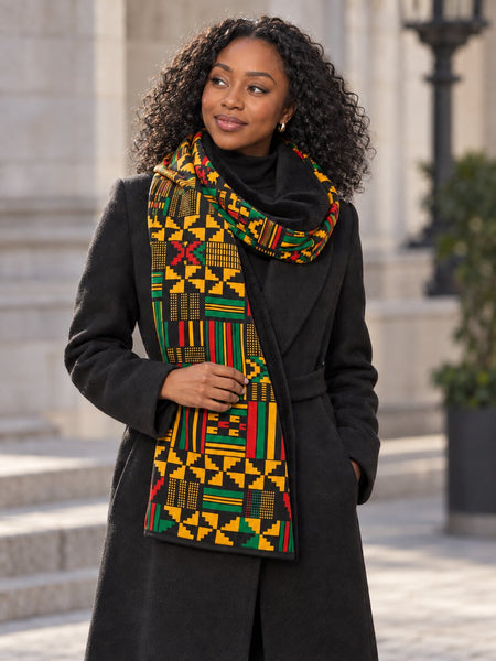 African print Winter scarf Unisex - Slim model - Black Green Kente Print