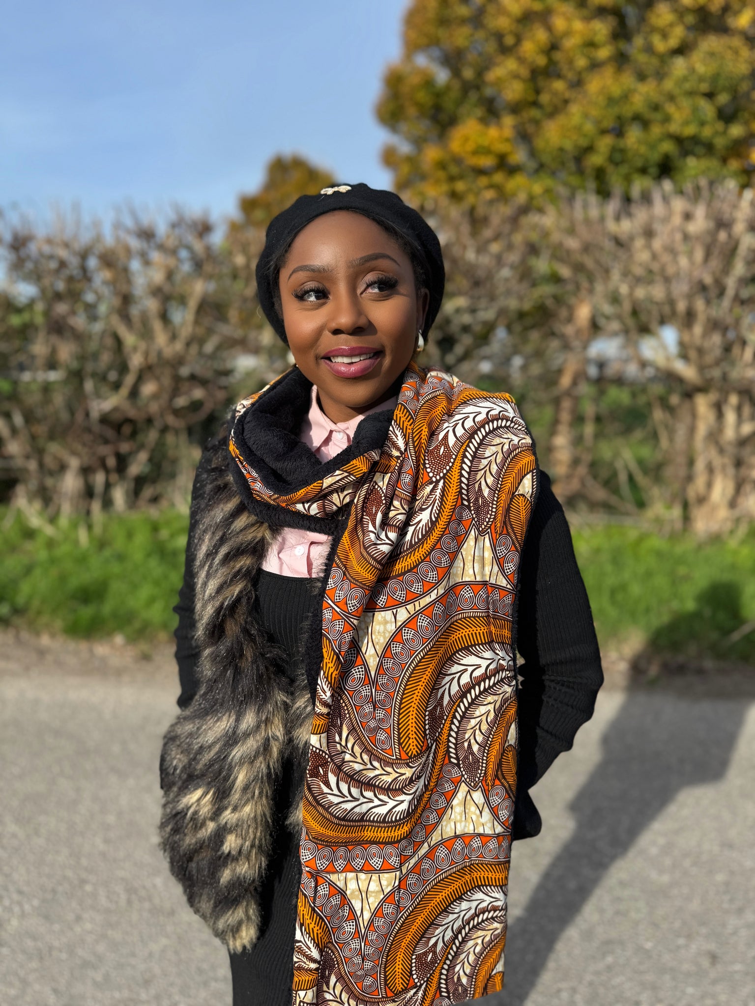 Écharpe d’hiver imprimée africaine Unisexe - Modèle étroit - Orange Feather