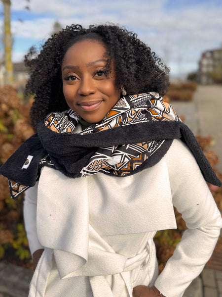 Écharpe d’hiver imprimée africaine Unisexe - Modèle étroit - Brun foncé Symboles Bogolan