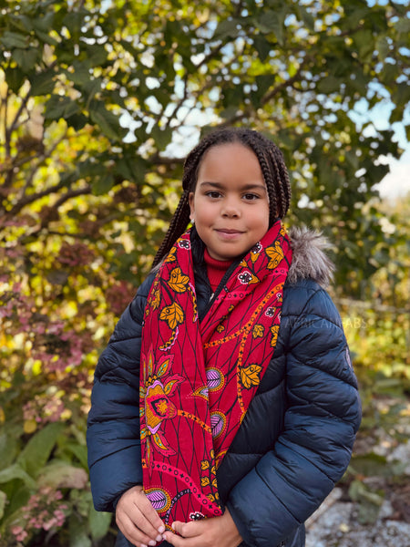 Imprimé africain Echarpes d'hiver à col roulé pour enfants Unisex - Rouge foncé & Jaune Botanical Flow