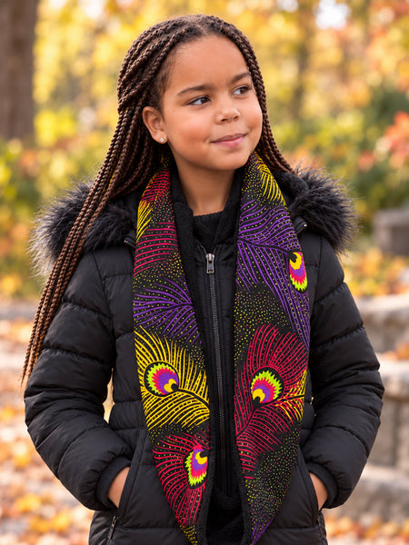 African print Turtleneck Winter scarf for Kids Unisex - Purple Yellow Royal Peacock