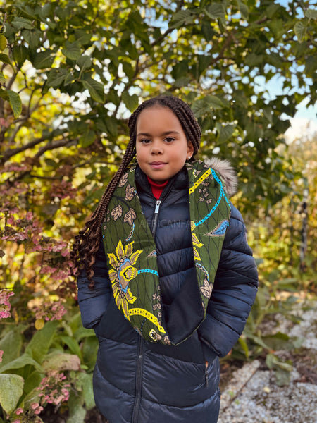 Imprimé africain Echarpes d'hiver à col roulé pour enfants Unisex - Vert foncé & Jaune Botanical Flow