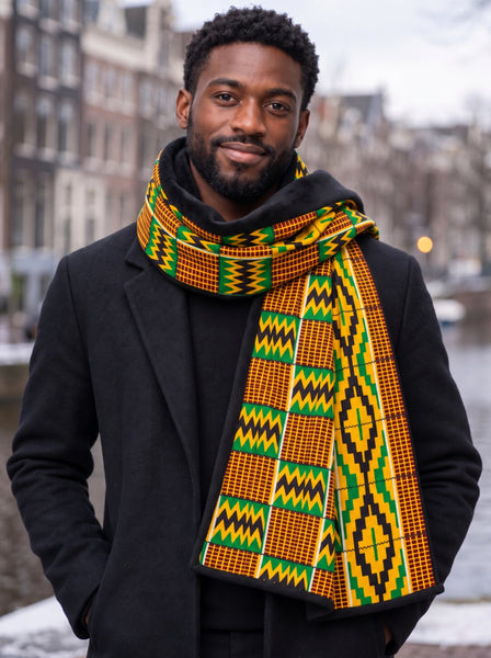 African print Winter scarf for Adults Unisex - Green Kente Print Zigzag Pattern