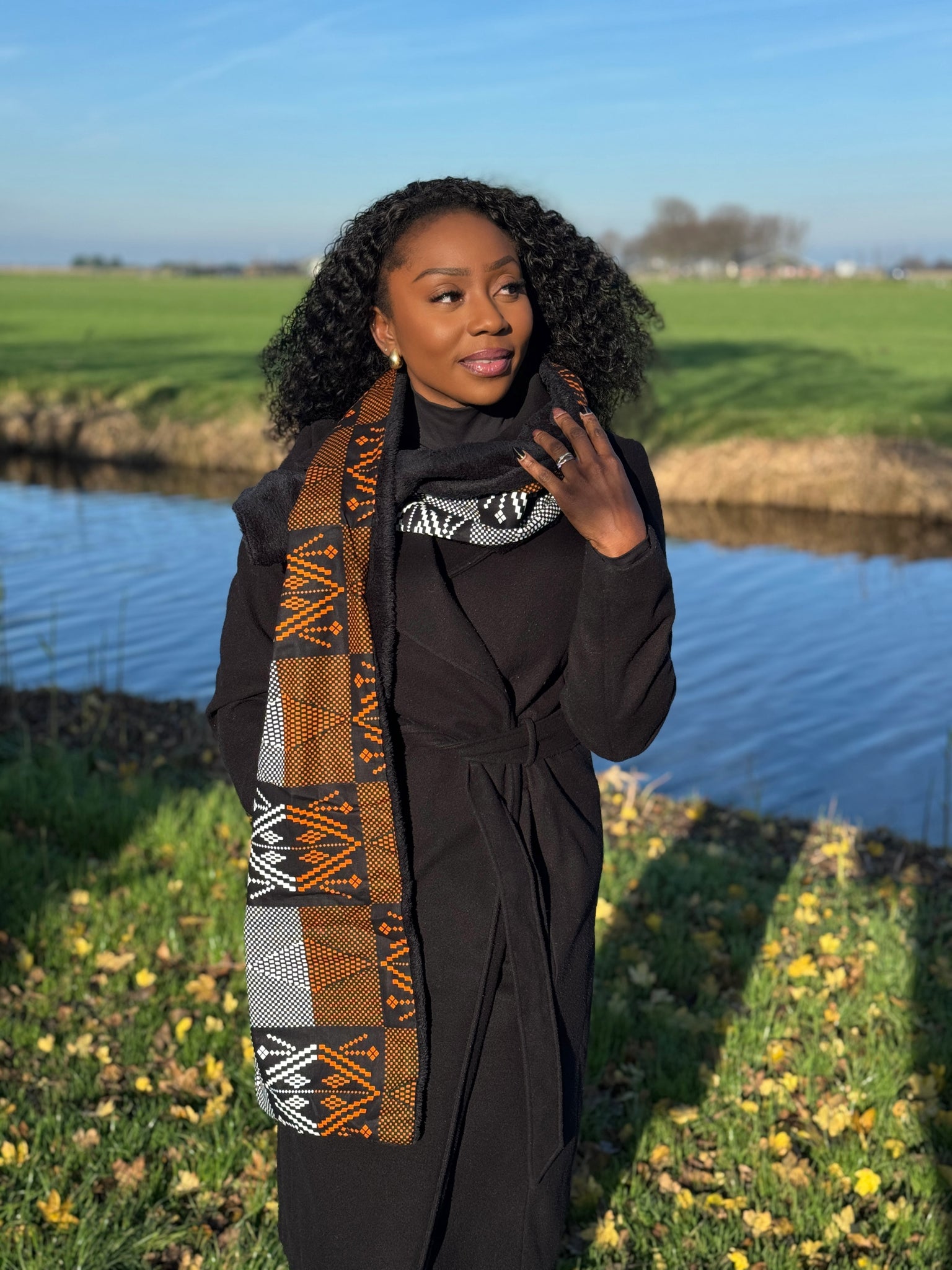 Écharpe d’hiver imprimée africaine Unisexe - Modèle étroit - Motifs tribaux orange