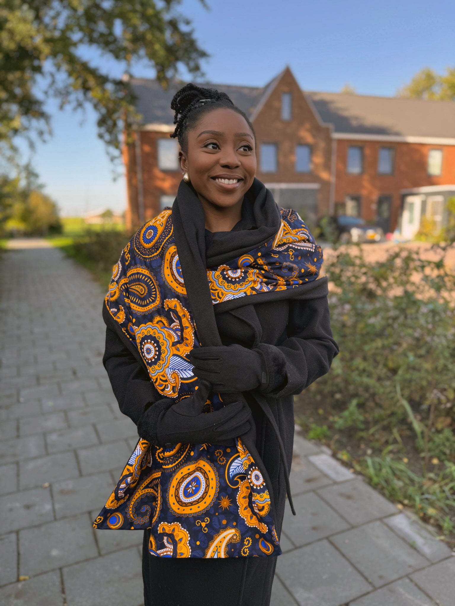 Imprimé africain Echarpes d'hiver pour adultes Unisex - Bleu foncé / Jaune Paisley