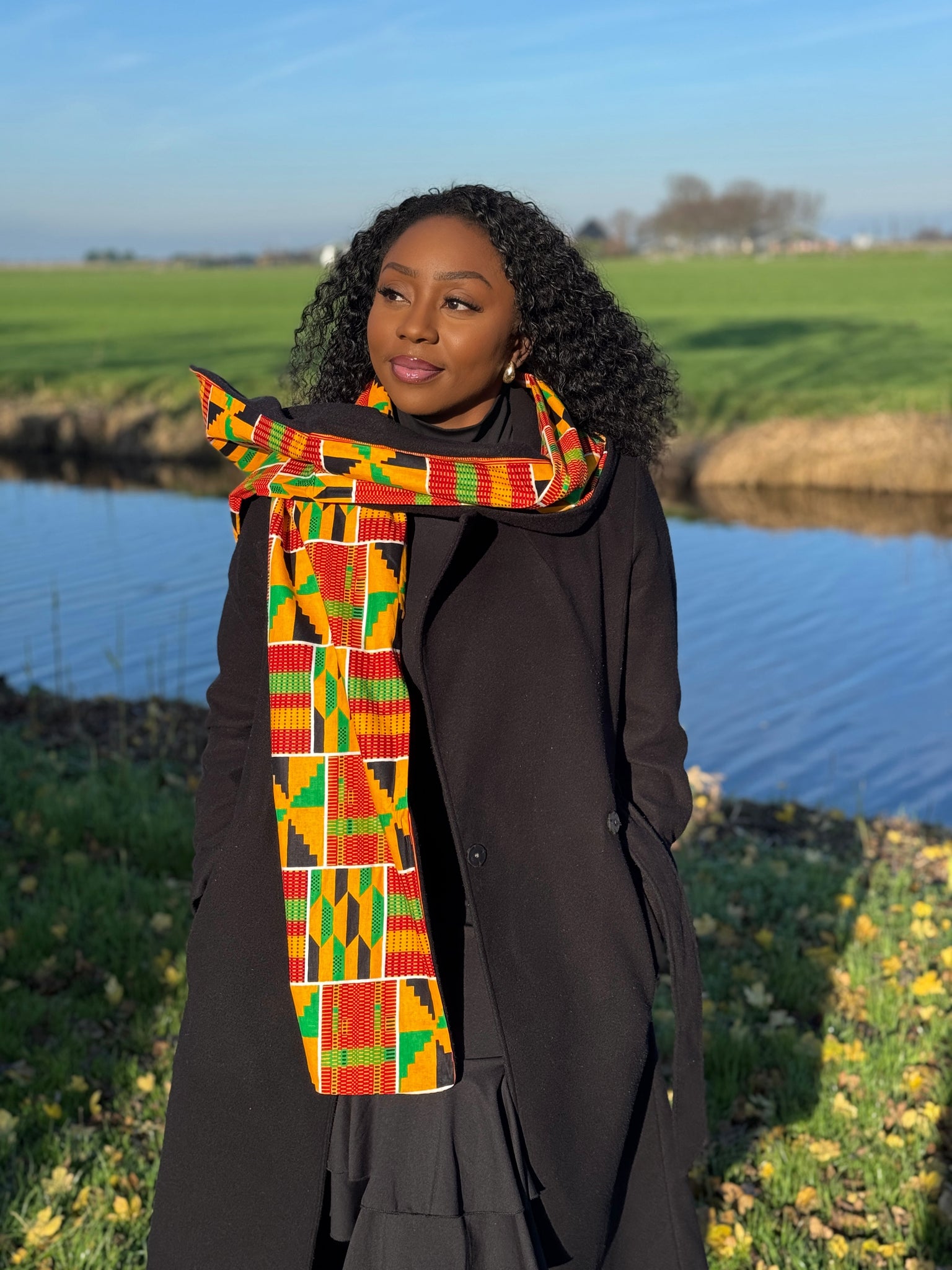 Écharpe d’hiver imprimée africaine Unisexe - Modèle étroit - Kente jaune et vert