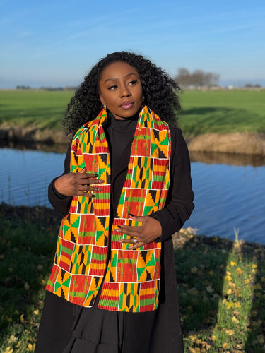 Écharpe d’hiver imprimée africaine Unisexe - Modèle étroit - Kente jaune et vert