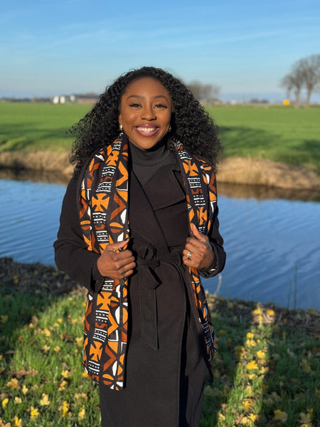 Écharpe d’hiver imprimée africaine Unisexe - Modèle étroit - Bogolan marron croix