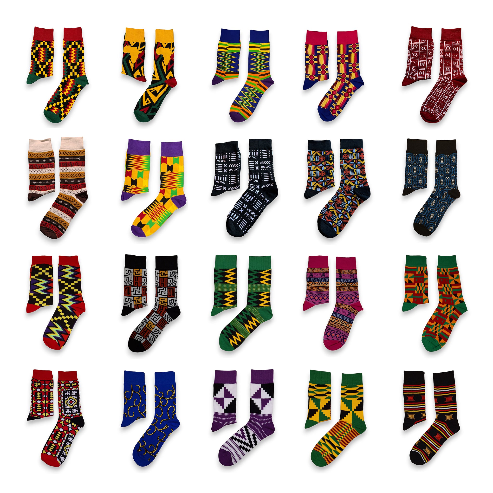 Mélange de 20 paires différentes - Chaussettes africaines / Chaussettes afro / Chaussettes kente - Tous les 20 styles