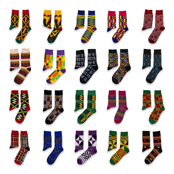 Mélange de 20 paires différentes - Chaussettes africaines / Chaussettes afro / Chaussettes kente - Tous les 20 styles