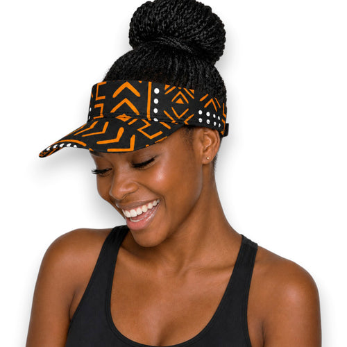 Casquettes pare-soleil à imprimé africain - Noir Orange Bogolan Symbols