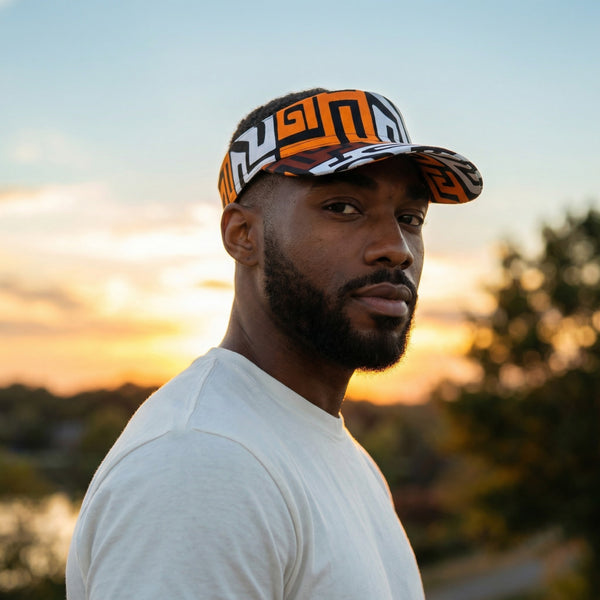 Casquettes pare-soleil à imprimé africain - Marron et jaune-orange Kuba Blocks Congo